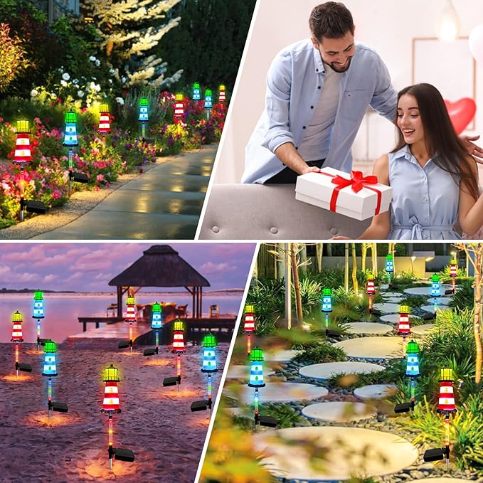 Solar Lighthouse Outdoor Decor (2PACK) Ideal for pathway lighting in gardens, walkways, and patios. Enhances garden, lawn, planter, backyard, and courtyard decor. Nautical-Style Outdoor Solar Lights