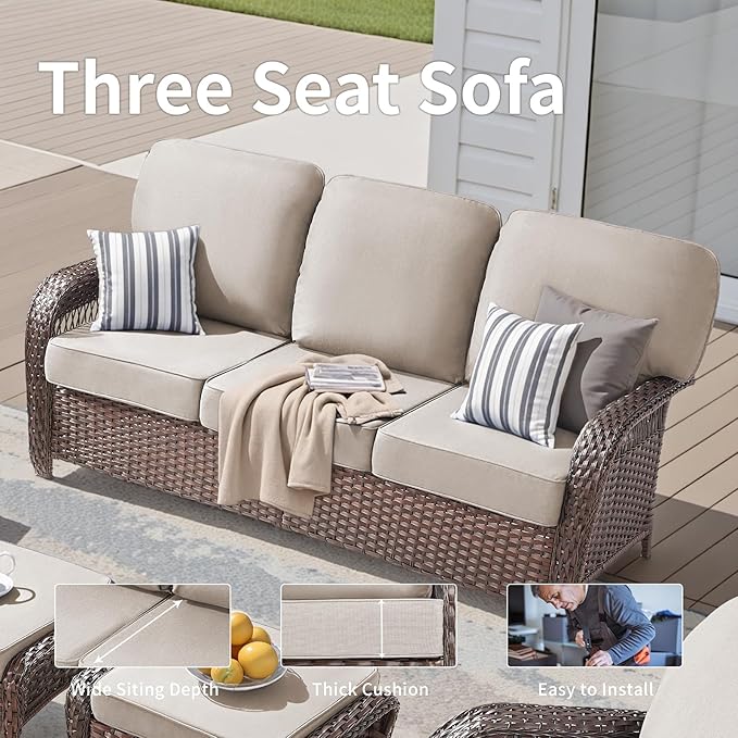 6 Pieces Patio Furniture Set Outdoor Sectional Sofa Couch with Rocking Swivel Chairs 5" Deep Seat Chairs, 2 Sofa Sets Modern Wicker Rattan Conversation Set, Beige/Brown Wicker