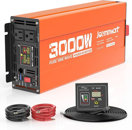 3000W Pure Sine Wave Power Inverter 12V DC to 110V AC Converter, LED Display,Remote Control, Car Inverter with 2AC Outlets,Fast Charging USB Port for RV,Truck,Home