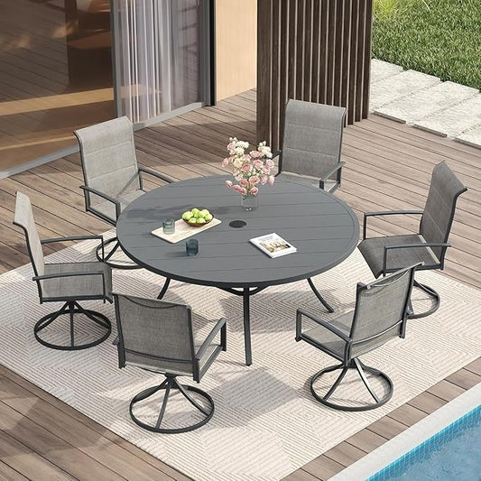 VICLLAX 7 Pieces Patio Dining Set for 6-Outdoor Furniture Includes 53" Round Outdoor Table and Swivel Padded Chairs, Grey Tabletop and Grey Fabric