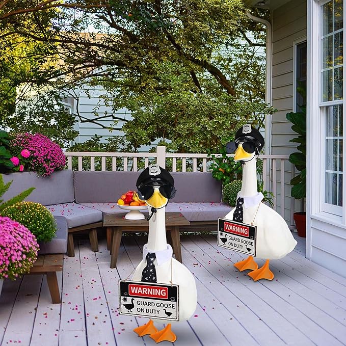 Police Goose Outfits 23” Cement Porch Goose Police Hat Eyeglasses Tie Wooden Warning for Yard and Patio Decoration (Police)