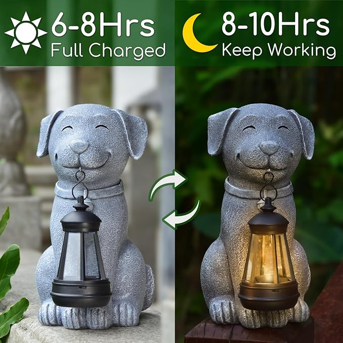Dog Solar Garden Outdoor Statues, Resin Dog Figurine Decorations with Solar Lights Lantern for Patio, Balcony, Home, Yard Art, Lawn Ornaments, Porch, Garden Gifts for Grandma Mom Women