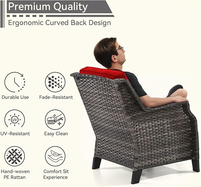 Patio Chairs Set of 2 Rattan Chair Patio Furniture Set with Thick Cushions and All-Weather PE Wicker for Garden, Patio and Porch, Red
