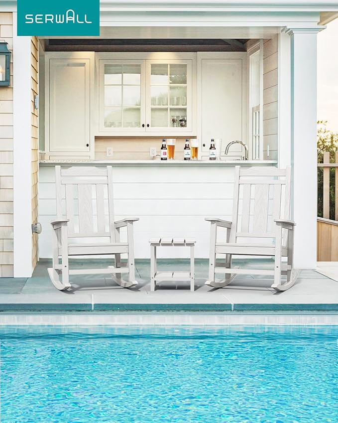 SERWALL Oversized Rocking Chair Set of 2 Outdoor, HDPE Outdoor Rocking Chair Set of 2, White