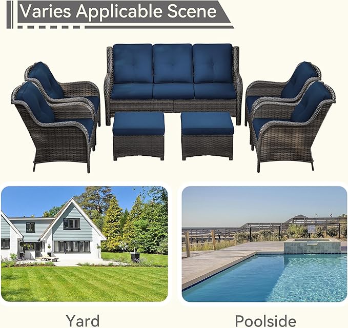 7 Pieces Outdoor Patio Conversation Set, Wicker Furniture Set Includes 3-Seat Sofa, Patio Rattan Dining Chair Set of 4, 2 Ottomans, for Porch, Yard, Mixed Brown Rattan, Blue