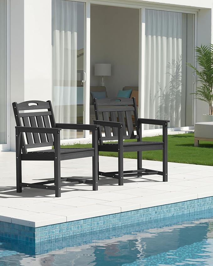 Set of 2 Weatherproof Patio Chairs - HDPE Outdoor Dining Chairs with Wide Seat, Ergonomic Design - for Garden, Backyard, Deck - Black