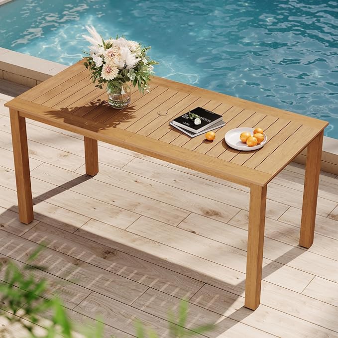 YEFU Outdoor Dining Table for 6: All Weather Rectangular Patio Table with Umbrella Hole and Aluminum Frame - Outdoor Furniture for Outside Backyard/Garden/Pool/Porch/Deck, 300lbs Capacity, Teak