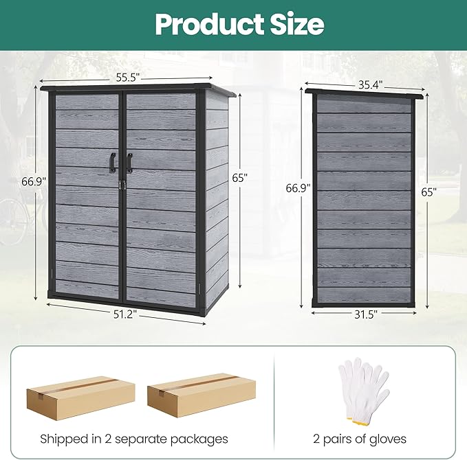 Vertical Outdoor Storage Shed with Floor, 56.8 Cu.Ft Resin Tool Cabinet with Lockable Doors, Waterproof Garden Storage Shed for Patio, Backyard & Garage Organization (Dark Gray)
