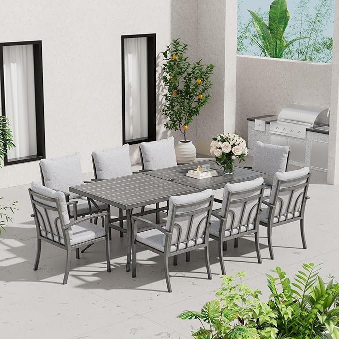 HAPPATIO 9-Piece Patio Dining Set - All Aluminum Table and Chairs for 8, Includes Rectangular Table and 8 Chairs with Cushions, Lawn, Garden
