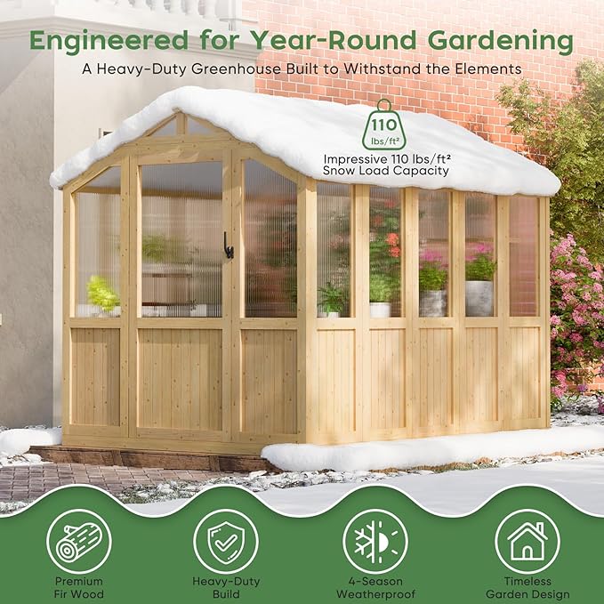 6 * 8 FT Wood Greenhouses for Outdoors Heavy Duty, Outdoor Greenhouse Kit with Adjustable Roof Vent and Reinforced Panels, Walk in Polycarbonate Greenhouse for Outside Garden & Backyard, Light Honey