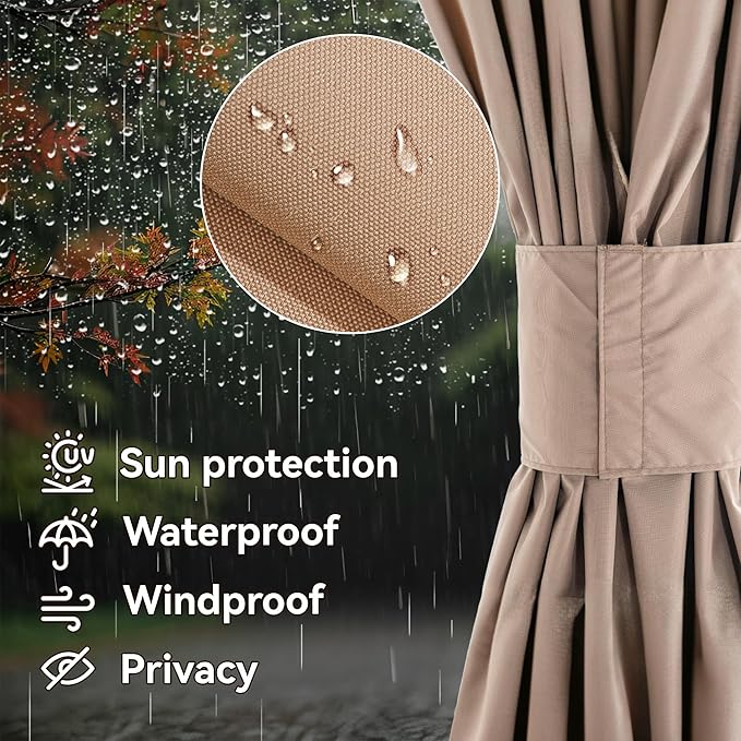 Gazebo Curtain Replacement Universal 6-Panel Sidewalls 12' x 20', Outdoor Gazebo Privacy Curtains with Zipper, Replacement for Outdoor, Patio Canopy, Garden and Backyard (Curtain Only)