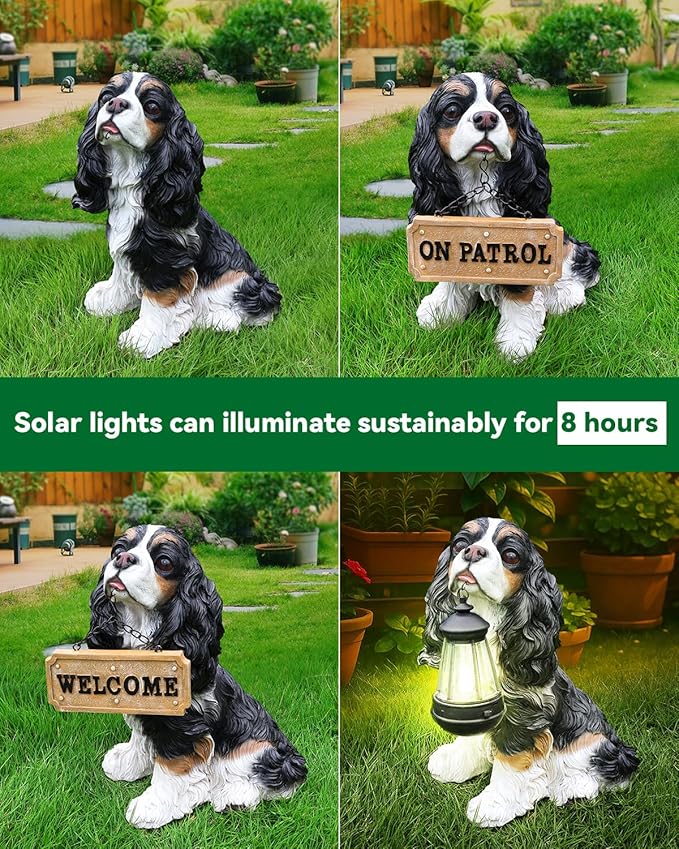 Charming Cavalier King Charles Spaniel Welcome Dog Statue with Solar Lantern, Hand-Painted Sitting Resin Puppy Figurine with Reversible Signs for Garden, Patio, and Porch Décor