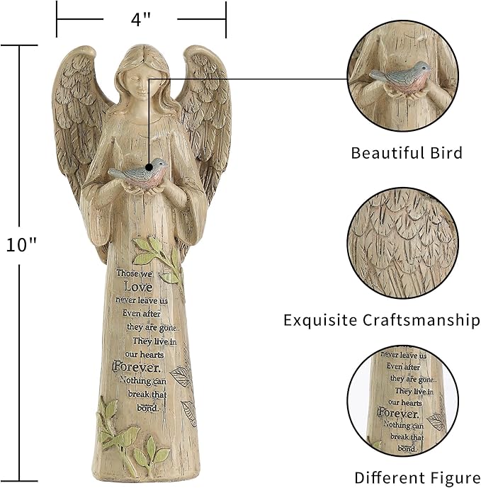 DUSVALLY Angel Statue, Memory Guardian Garden Decor, 10" H Waterproof Outdoor Angel Figurine Sculpture for Lawn & Yard (Praying, Holding The Bird)