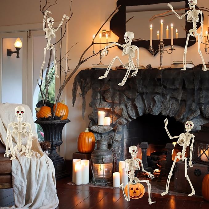 Remiawy Skeleton Halloween Decorations, 6 Pack 16” Full Body Posable Skeletons with Movable Joints, Small Plastic Hanging Props for Haunted House, Yard, Graveyard, Spooky Party Indoor Outdoor Decor