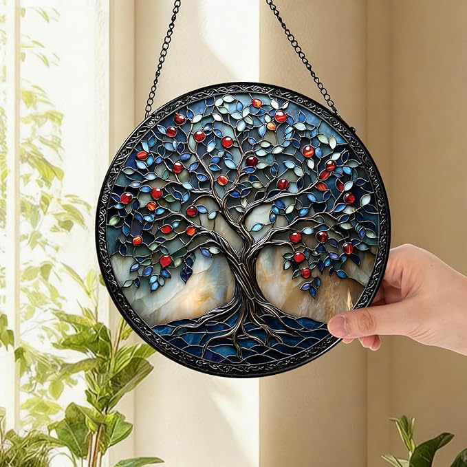 Colorful Tree of Life Suncatcher -7.9 in Stained Glass Window Hanging Sun Catcher Garden Decor