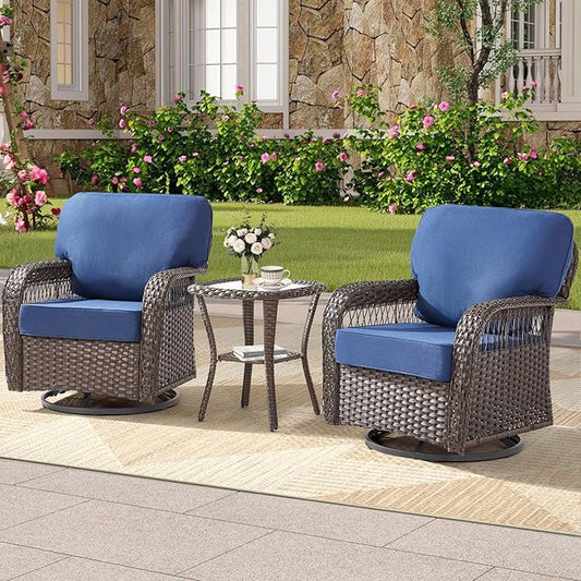 Outdoor Swivel Rocker Chairs - Patio Rocking Chairs Set of 2, 3PCS Wicker Patio Set with 5" Thick Cushion and Side Table, Rattan Patio Swivel Rocking Chairs for Porch, Deck, Backyard Blue/Brown