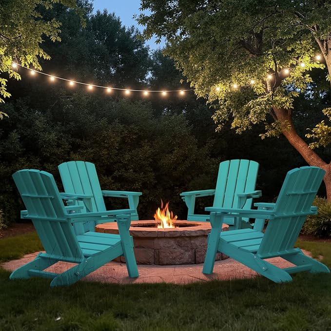 Folding Adirondack Chair Wood Texture 4 Pack, HDPE All-Weather Fire Pit Chairs, Plastic Adirondack Chairs with 2 Cup Holder, Outdoor Lawn Chair for Patio Garden (Lake Blue)