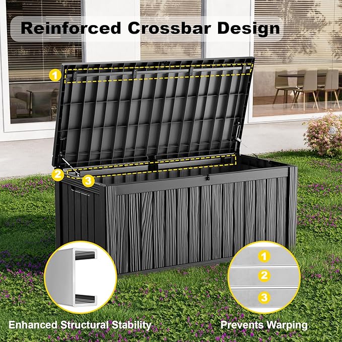 ROJIK 120 Gallon Outdoor Storage Box Waterproof - Patio Furniture Outside Deck Box, Garden Tools, Cushions, Pool Accessories Storage Bench with Lockable Lid and Side Handles (Black, 120 Gal)