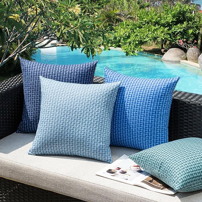 Kevin Textile Outdoor Waterproof Throw Pillow Covers Pack of 2 Farmhouse Decorative Cushion Covers for Garden Patio Tent Balcony Bench Couch Sofa 20x20 Inch, Light Blue