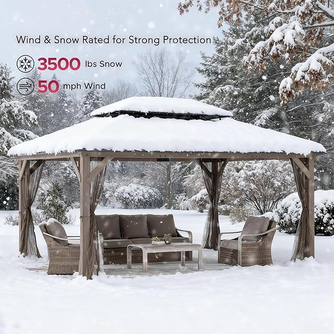 SUNJOY 12x16 Hardtop Wood Gazebo with Galvanized Steel Roof and Mosquito Netting, Outdoor Permanent Pavilion Cedar Gazebo for Backyard, Garden, Patio, Deck, Lawn