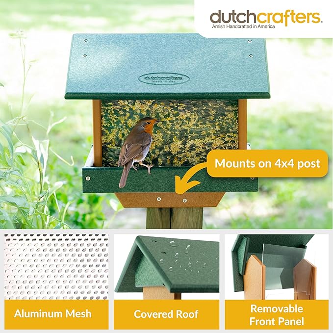 DutchCrafters Poly Large Hopper Bird Feeder Post Mount for 4" x 4", Wild Songbird Bird Seed Feeder for Outdoor, Outside, Garden, Yard - Amish Made in USA (Post Mount, Turf Green & Cedar)