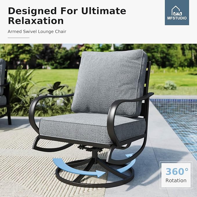 MFSTUDIO 6 Pieces Metal Patio Furniture Sets, 2 Swivel Chair, 1 Deep Seating 3-Seat Sofa, 2 Ottoman & 1 Marbling Coffee Table, All Weather 7 Seats Outdoor Conversation Set for Garden Backyard, Grey