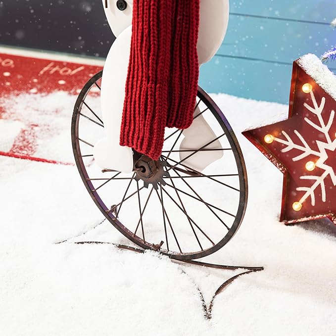 Glitzhome 32”H Metal Snowman Porch Décor Bike Wheel Cute Snowman with Red Scarf Hat Christmas Tree Garden Yard Porch Sign Indoor Outdoor Christmas Decorations