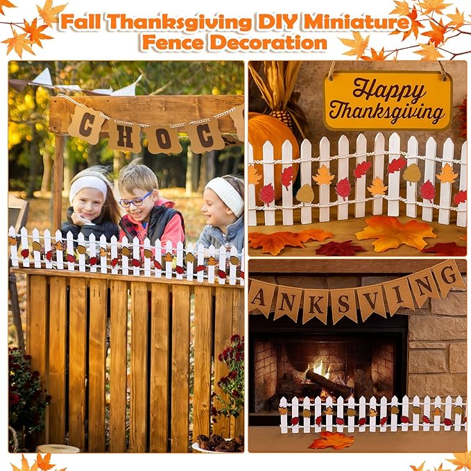 Thyle Thanksgiving DIY Mini Fairy Garden Fence Fall Wood Picket Crafts with 35 Inches Wood Picket Fence 100 Wooden Leaves and Glue for Autumn Centerpieces Thanksgiving Activity(White)