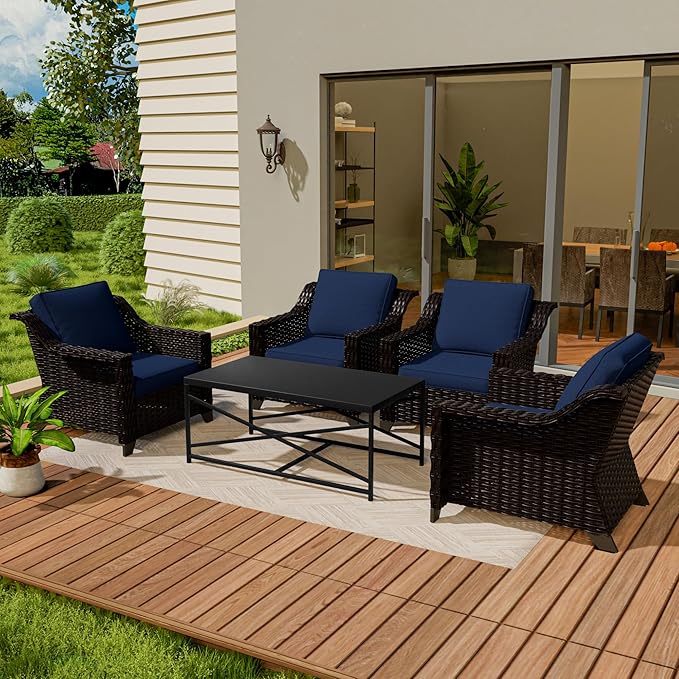 Vista Vibe 5 Pieces Outdoor Rattan Patio Conversation Furniture Set - 4 Wicker Chairs | Steel Coffee Table, Premium & Washable Cushions, Living Room, Poolside (Brown/Navy)