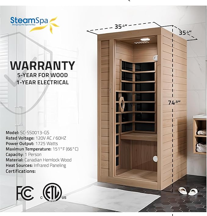 SteamSpa Home Sauna Room 1 Person Hemlock Wooden Indoor Sauna Spa - Bluetooth Speaker, FM, Oxygen bar, Heating Plate, Three Colors Lanterns, Touch Control Panel Temperature