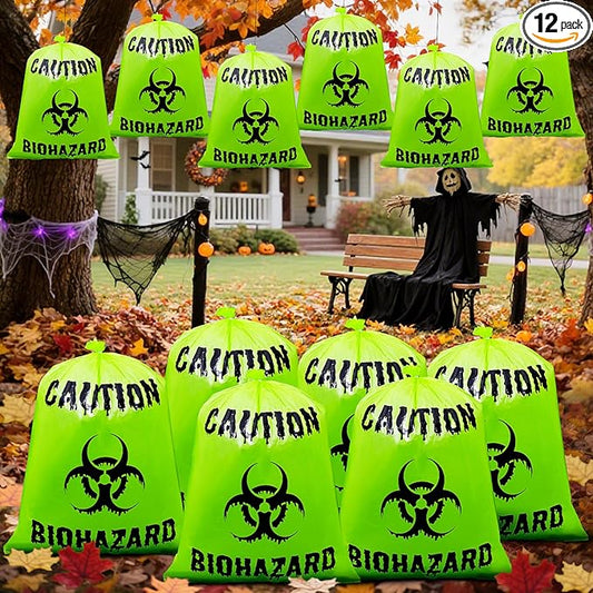 12 Pcs Large Halloween Leaf Bags Biohazard Halloween Decorations Halloween Trash Bags for Leaves Plastic Yard Lawn Waste Bag Scientist Biohazard Bag Outdoor Biohazard Zombie Party Decorations (Green)