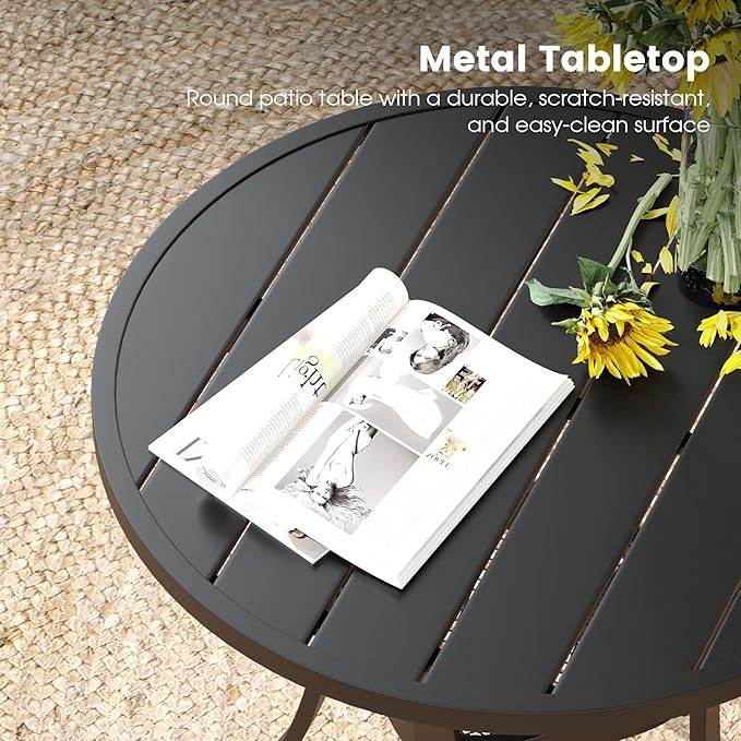 DIFY 3 Pieces Outdoor Patio Bistro Dining Set, 2 Blue Textilene Swivel Dining Chairs and 27.6" Black Small Round Dining Table, Outdoor Table and Chairs