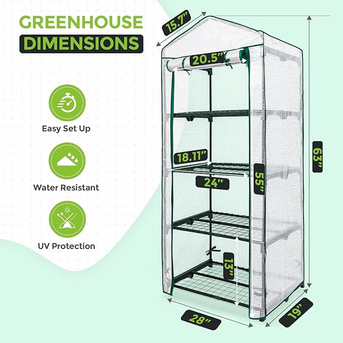EAGLE PEAK 4-Tier Mini Greenhouse Portable Green House with Shelves & Weather-Resistant PE Cover, Small Greenhouse for Seedlings & Gardening Gifts, 27x19x64 in, Clear/White