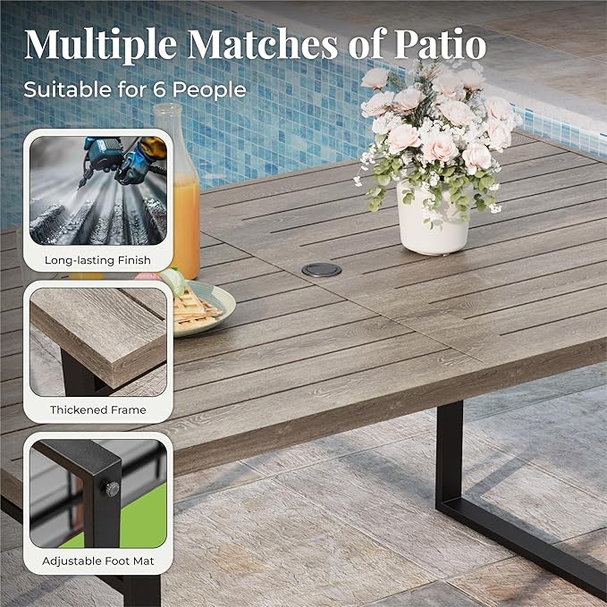7-Piece Outdoor Dining Set 6 Brown Textilene Chairs and Steel Tabletop with Wood Grain Rectangle Table for Deck Garden Backyard Lawn Poolside