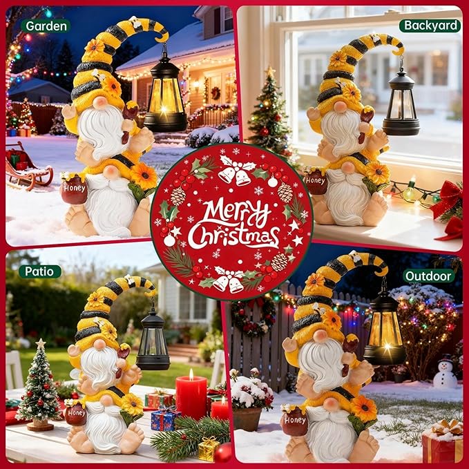 Solar Bee Garden Gnomes with LED Lantern – Waterproof Stacked Outdoor Decor for Yard, Patio – Unique Gnome Gift for Women, Mom, Grandma (Christmas Decor, Outdoor Statues)