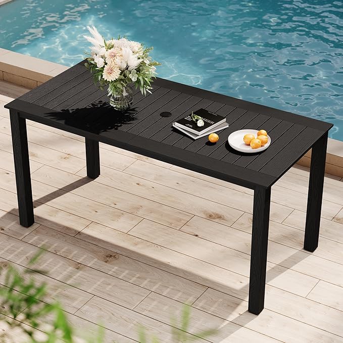 YEFU Outdoor Dining Table for 6: All Weather Rectangular Patio Table with Umbrella Hole and Aluminum Frame - Outdoor Furniture for Outside Backyard/Garden/Pool/Porch/Deck 300lbs Capacity Black