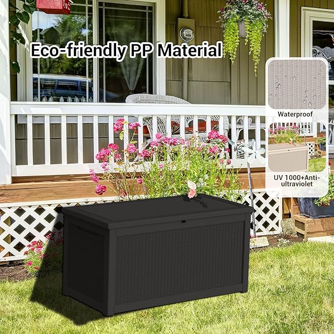DRATO 320 Gallon Deck Box, Outdoor Large Waterproof Resin Storage Box with Lockable Lid for Patio Cushions, Gardening Tools, Black