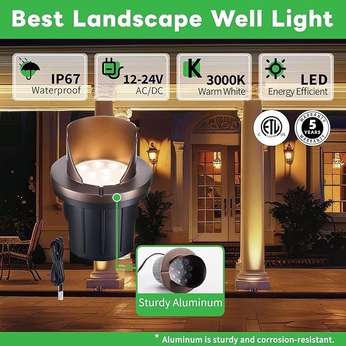 Ground Well Lights, Landscape LED Low Voltage Inground Lights, Outdoor Waterproof IP67, 12V Wired Aluminum Half Sided ORB for Backyard Wall 6W 420LM 8 Pack