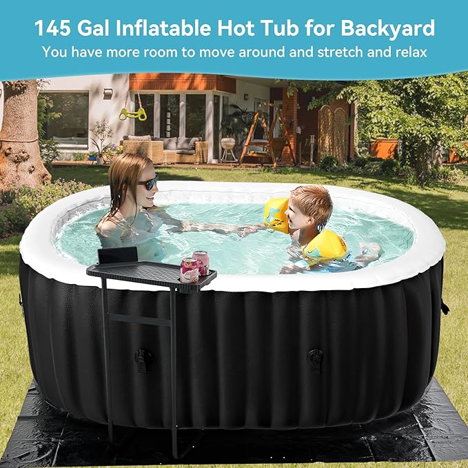 2 Person Oval Inflatable Hot Tub, 100 Air Jets, 145 Gal, Black, PVC, Oval Shape, 75' L X 47'W X 25'H