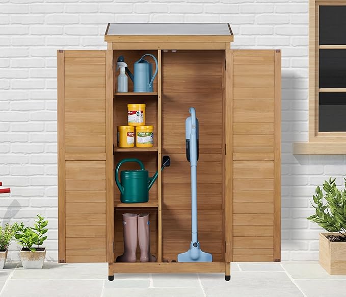 68''x33''x20'' Outdoor Wooden Storage Shed with Metal Top Tall Vertical Tool Cabinet for Backyard Garden Patio Lawn (Gold)