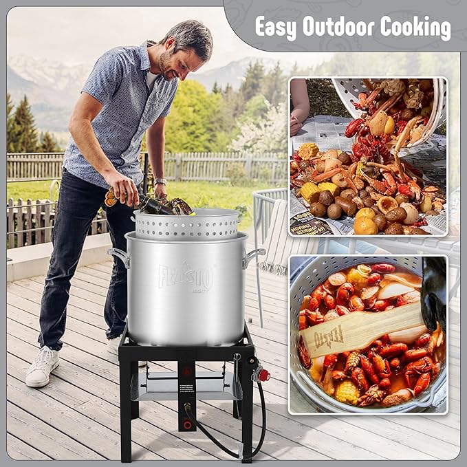 80QT Outdoor Propane Aluminum Boiling Pot with Basket, Crab Steaming, Crawfish Boil, Seafood Boil Pot, Crawfish Cooker, Low Country Boil Pot, Non-Assembly Frame Stand, CSA Certified