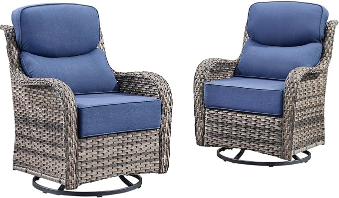 Rilyson Outdoor Patio Swivel Rocker Chairs Set of 2, Waterproof Wicker, High Back, Deep Seating, Wide Armrest, Upgraded 6 inch Thick Cushions, Ideal for Deck Porch Backyard, Mixed Grey/Blue