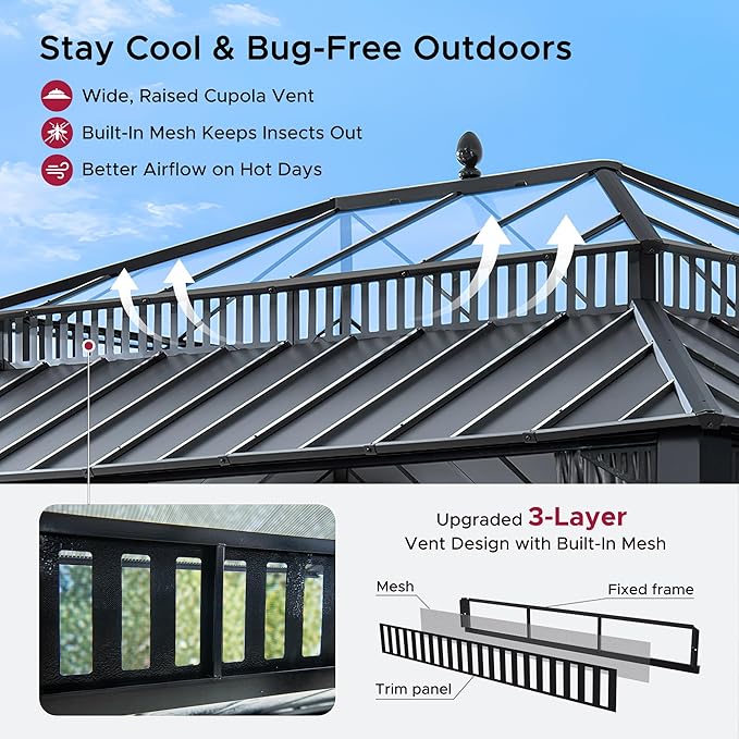SUNJOY Kingston 16' x 12' Hardtop Gazebo with Galvanized Steel/Polycarbonate Double Roof, Curtain and Netting, Gray Aluminum Posts Permanent Pavilion Gazebo for Garden, Patio, Deck, Lawn