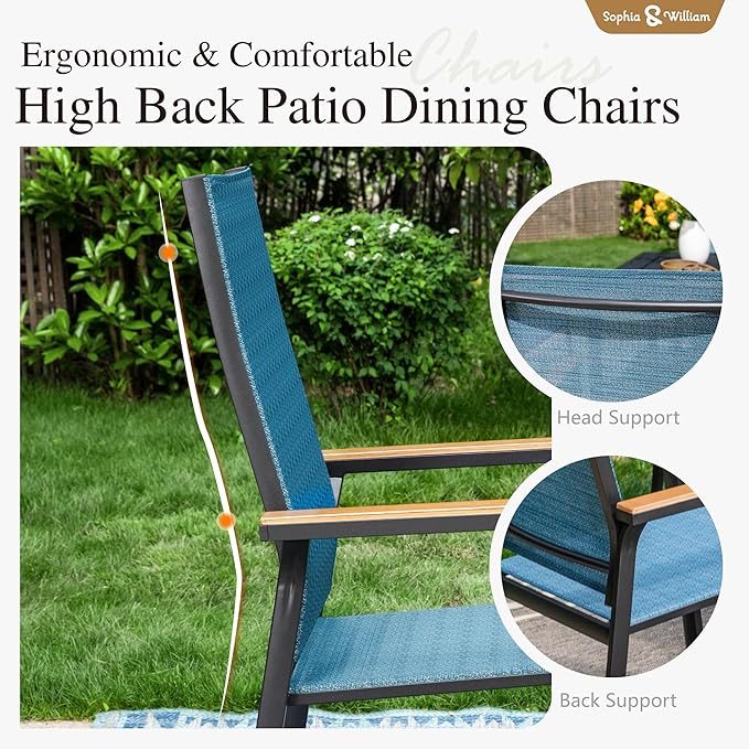 Sophia & William Outdoor Dining Set 7 Pieces, 6 Aluminum Stackable Chair for Space-Saving and 59" x 35" Patio Dining Table, Easy to Move for Outdoor Garden Lawn (Blue)