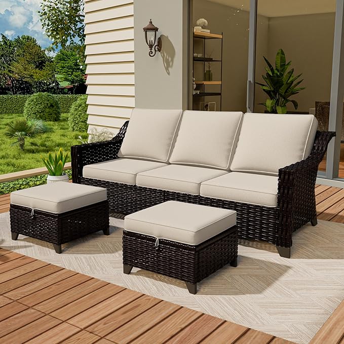 Vista Vibe 3 Pieces Outdoor Patio Conversation Furniture Set - 78" 3-seat Sofa | 2 Wicker Ottomans, Deep Seat Loveseat with Removable Cushions, Hand-Woven PE Rattan Couch, Lawn (Brown/Beige)
