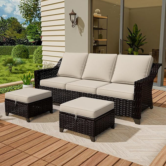 Vista Vibe 3 Pieces Outdoor Patio Conversation Furniture Set - 78" 3-seat Sofa | 2 Wicker Ottomans, Deep Seat Loveseat with Removable Cushions, Hand-Woven PE Rattan Couch, Lawn (Brown/Beige)