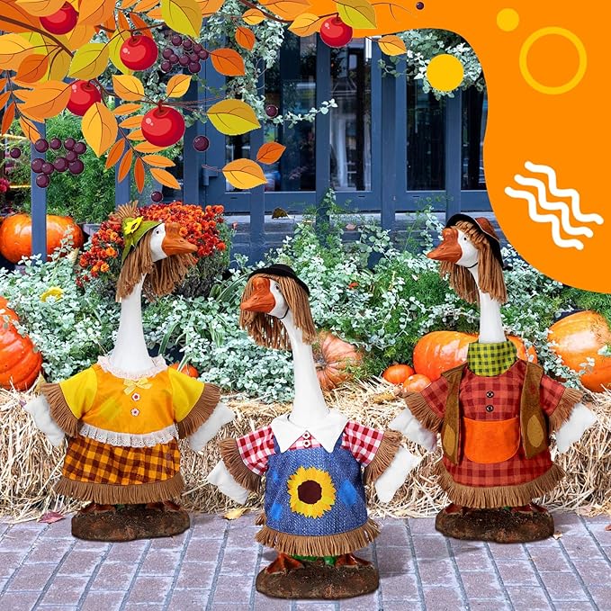 3 Set Fall Goose Outfit 23 Inch Fall Pilgrim Cement Goose Outfit Thanksgiving Scarecrow Porch Decor Clothes Costume for Autumn Garden Yard Statue Decor
