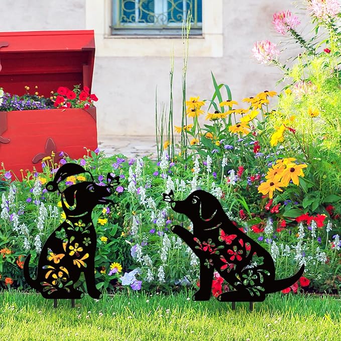 Metal Dog Garden Decor/Stakes,Gifts for Mother/Father/Dog Lovers,17" Outdoor Patio Decorative/Yard Art Statues,Weather Resistant Steel Animal Sculptures-Puppy Signs Lawn Ornaments,Set of 2.