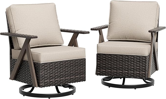 Outdoor Wicker Swivel Chairs Set of 2, Patio Furniture Set with 360 Degree Wicker Swivel Rocking Chairs with Metal Frame and Deep Seating