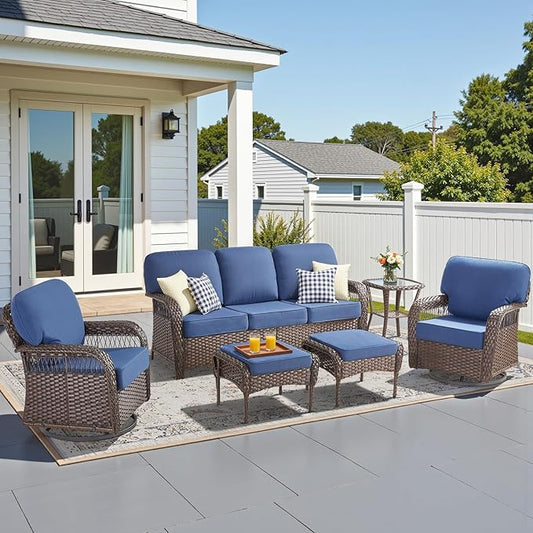 6 Pieces Patio Furniture Set Outdoor Sectional Sofa Couch with Rocking Swivel Chairs 5" Deep Seat Chairs, Modern Wicker Rattan Conversation Set, Blue/Brown Wicker